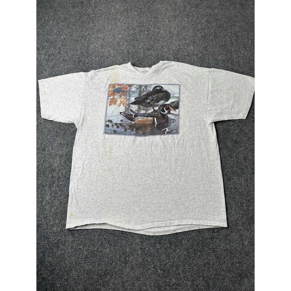 Mens T Shirt Ducks Unlimited Duck Hunting Graphic Gray USA, Size XL